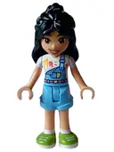 Minifigurka: FRND0600:  Friends Liann - Bright Light Blue Overalls over White Shirt, Bright Light Blue Shorts, Lime Shoes