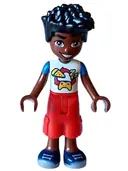 Minifigurka: FRND0605:  Friends Zac - White and Blue Shirt with Pizza and Game Controller, Red Cropped Trousers, Dark Blue Shoes