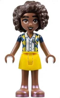 FRND0609:  Friends Aliya - Dark Blue Vest with Diamonds over White Blouse, Yellow Skirt, Metallic Pink Sandals