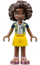 Minifigurka: FRND0609:  Friends Aliya - Dark Blue Vest with Diamonds over White Blouse, Yellow Skirt, Metallic Pink Sandals