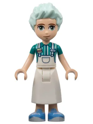 FRND0613:  Friends Charli - White Apron Top over Dark Turquoise Shirt, White Skirt Long, Medium Blue Shoes