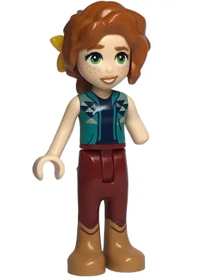 FRND0620:  Friends Autumn - Dark Turquoise Vest over Dark Blue Shirt, Dark Red Trousers, Medium Nougat Boots, Bright Light Orange Flower