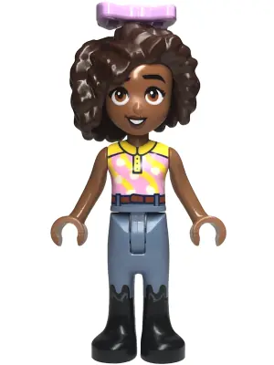 FRND0621:  Friends Aliya - Yellow and Bright Pink Top, Sand Blue Trousers, Black Boots, Lavender Bow