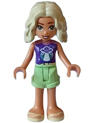 FRND0628:  Friends Nova - Dark Purple and Metallic Pink Shirt, Yellowish Green Shorts, Bright Light Yellow Sandals