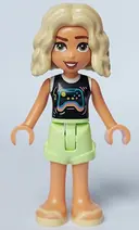 Minifigurka: FRND0643:  Friends Nova - Black and White Shirt with Video Game Controller, Yellowish Green Shorts, Bright Light Yellow Sandals