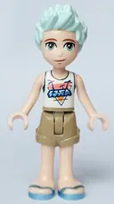 Minifigurka: FRND0644:  Friends Charli - White Top with Dark Blue Trim and Palm Trees, Dark Tan Shorts, Metallic Light Blue Sandals