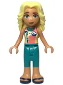 Minifigurka: FRND0647:  Friends Dia - Coral and Yellow Wetsuit with Dolphin / Whale Logo and Triangles, Dark Turquoise Trousers, Dark Blue Sandals