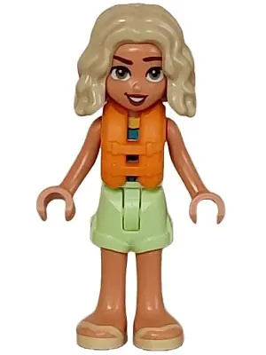 FRND0648:  Friends Nova - Yellowish Green Shorts over Coral, Dark Turquoise and Dark Blue Swimsuit, Orange Life Jacket, Bright Light Yellow Sandals