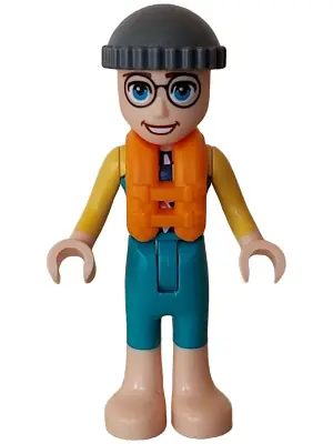 FRND0649:  Friends Gunnar - Dark Turquoise and Yellow Wetsuit Long Sleeves, Dark Bluish Gray Knit Cap, Orange Life Jacket, Bare Feet