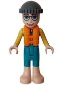 Minifigurka: FRND0649:  Friends Gunnar - Dark Turquoise and Yellow Wetsuit Long Sleeves, Dark Bluish Gray Knit Cap, Orange Life Jacket, Bare Feet