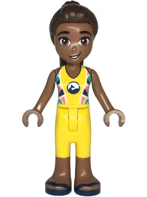 FRND0655:  Friends Kayla - Yellow Sleeveless Wetsuit, Yellow Cropped Trousers, Medium Brown Legs, Dark Blue Sandals