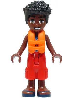 FRND0659:  Friends Zac - Blue Shirt with Red Symbols and Yellow Splotches, Red Trousers, Dark Blue Sandals, Orange Life Jacket