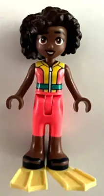 FRND0660:  Friends Aliya - Coral and Yellow Sleeveless Wetsuit, Dark Turquoise Belt, Dark Blue Sandals, Bright Light Yellow Flippers