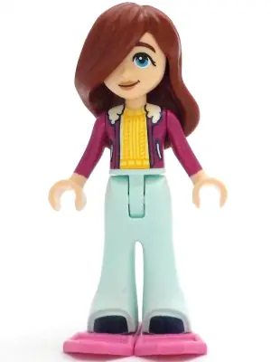 FRND0665:  Friends Paisley - Magenta Jacket over Bright Light Yellow Sweater, Light Aqua Trousers Bell-Bottoms, Dark Pink Snowshoes