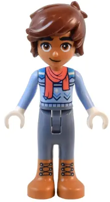 FRND0668:  Friends Leo - Bright Light Blue Sweater, Coral Scarf, Sand Blue Trousers, Medium Nougat Boots