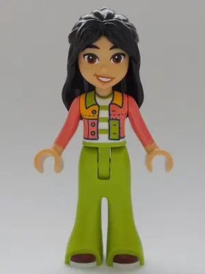FRND0669:  Friends Liann - Coral Patchwork Jacket, Lime Trousers Bell-Bottoms, Dark Red Shoes