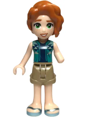 FRND0677:  Friends Autumn - Dark Turquoise Vest over Dark Blue Shirt, Dark Tan Shorts, Metallic Light Blue Sandals