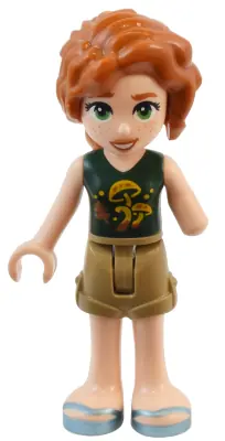 FRND0711:  Friends Autumn - Dark Green Top with Mushrooms. Dark Tan Shorts, Metallic Light Blue Sandals