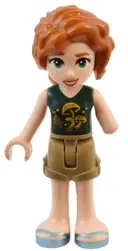 Minifigurka: FRND0711:  Friends Autumn - Dark Green Top with Mushrooms. Dark Tan Shorts, Metallic Light Blue Sandals