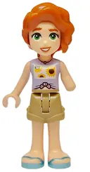 Minifigurka: FRND0721:  Friends Autumn - Lavender Vest with Sunflowers, Dark Tan Shorts, Metallic Light Blue Sandals