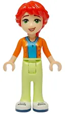 Minifigurka: FRND0722:  Friends Mia (Adult) - Dark Azure Shirt, Orange Sweater, Yellowish Green Pants, White Shoes with Dark Blue Soles and Laces