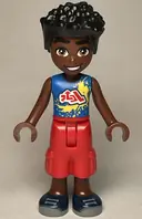 Minifigurka: FRND0725:  Friends Zac - Blue Shirt with Red Symbols and Yellow Splotches, Red Cropped Trousers, Dark Blue Shoes