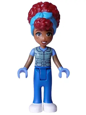 FRND0732:  Friends Gabriela - Sand Green Vest over Medium Blue Shirt, Blue Trousers, White Shoes, Medium Azure Head Wrap