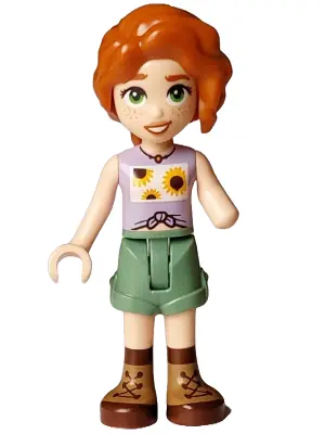 FRND0733:  Friends Autumn - Lavender Vest with Sunflowers, Sand Green Shorts, Nougat and Reddish Brown Boots