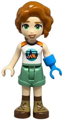 FRND0737:  Friends Autumn - White and Orange Sleeveless Top with Tent, Sand Green Shorts, Nougat and Reddish Brown Boots, Prosthetic Hand