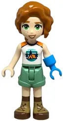 Minifigurka: FRND0737:  Friends Autumn - White and Orange Sleeveless Top with Tent, Sand Green Shorts, Nougat and Reddish Brown Boots, Prosthetic Hand