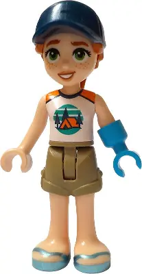 FRND0753:  Friends Autumn - White and Orange Sleeveless Top with Tent, Dark Tan Shorts, Metallic Light Blue Sandals, Prosthetic Hand