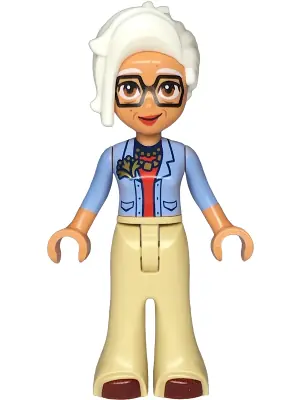 FRND0770:  Friends Renee - Bright Light Blue Jacket, Tan Trousers Bell-Bottoms, Dark Red Shoes