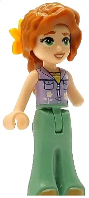 FRND0777:  Friends Autumn - Lavender Sleeveless Jacket with Flowers, Sand Green Trousers Bell-Bottoms, Medium Nougat Shoes, Dark Orange Hair Wavy, Bright Light Orange Flower