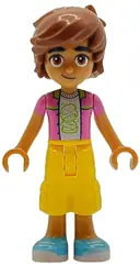 Minifigurka: FRND0790:  Friends Leo - Dark Pink Jacket, White Shirt with Hamburger, Yellow Cropped Trousers, Medium Azure Shoes