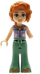 Minifigurka: FRND0791:  Friends Autumn - Lavender Sleeveless Jacket with Flowers, Sand Green Trousers Bell-Bottoms, Medium Nougat Shoes, Dark Orange Hair Wavy