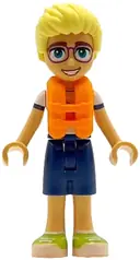 Minifigurka: FRND0807:  Friends Olly - White Shirt with Coral Scarf, Dark Blue Shorts, Lime Shoes, Orange Life Jacket