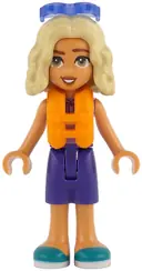 Minifigurka: FRND0826:  Friends Nova - Medium Lavender Sleeveless Hoodie with Dachshund, Dark Purple Shorts, Dark Turquoise Shoes, Orange Life Jacket, Trans-Purple Sunglasses