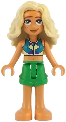 FRND0830:  Friends Sage - Dark Turquoise, Yellowish Green and Dark Purple Sleeveless Top, Bright Green Shorts, Bare Feet