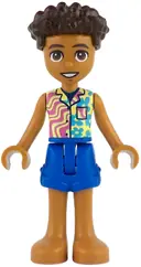 Minifigurka: FRND0831:  Friends Aron - Yellowish Green and Bright Light Yellow Shirt with Dark Azure Flowers and Dark Pink Wavy Lines, Blue Shorts, Bare Feet