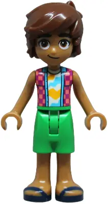 FRND0836:  Friends Leo - Coral and Magenta Checkered Sleeveless Shirt, Bright Green Shorts, Dark Blue Sandals