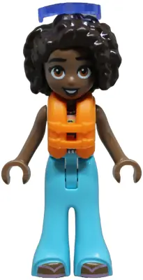 FRND0842:  Friends Aliya - White Crochet Top, Medium Azure Trousers Bell-Bottoms, Metallic Pink Flip Flops, Orange Life Jacket, Trans-Purple Sunglasses