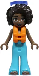 Minifigurka: FRND0842:  Friends Aliya - White Crochet Top, Medium Azure Trousers Bell-Bottoms, Metallic Pink Flip Flops, Orange Life Jacket, Trans-Purple Sunglasses