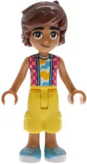 Minifigurka: FRND0846:  Friends Leo - Coral and Magenta Checkered Sleeveless Shirt, Yellow Cropped Trousers, Medium Azure Shoes