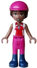 Minifigurka: FRND0870:  Friends Aliya - Bright Pink, Red and White Sleeveless Shirt, Magenta Trousers, Dark Blue Boots, Magenta Horse Riding Helmet