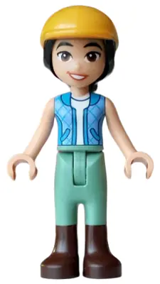 FRND0872:  Friends Liann - Dark Azure and Bright Light Blue Vest  over White Top, Sand Green Trousers, Dark Brown Boots, Bright Light Orange Horse Riding Helmet