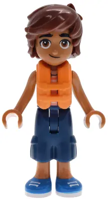 FRND0883:  Friends Leo - Bright Light Orange Sleeveless Shirt, Dark Blue Cropped Trousers, Blue Shoes, Orange Life Jacket