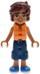 Minifigurka: FRND0883:  Friends Leo - Bright Light Orange Sleeveless Shirt, Dark Blue Cropped Trousers, Blue Shoes, Orange Life Jacket