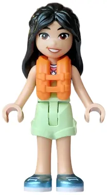 FRND0885:  Friends Liann - Lime, Coral and Medium Azure Tank Top, Yellowish Green Shorts Folded Hem, Metallic Light Blue Shoes, Orange Life Jacket, Bright Pink Flower