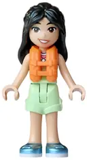Minifigurka: FRND0885:  Friends Liann - Lime, Coral and Medium Azure Tank Top, Yellowish Green Shorts Folded Hem, Metallic Light Blue Shoes, Orange Life Jacket, Bright Pink Flower