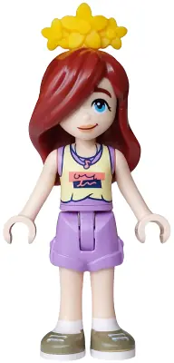 FRND0888:  Friends Paisley - Bright Light Yellow and Medium Lavender Tank Top, Medium Lavender Shorts, Dark Tan Shoes, Bright Light Orange Flower Tiara